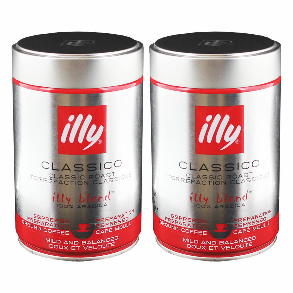 Illy Espresso, 100% Arabica Kaffee, gemahlen, mittlerer Röstgrad, Dose, 2er Pack, 2 x 250g
