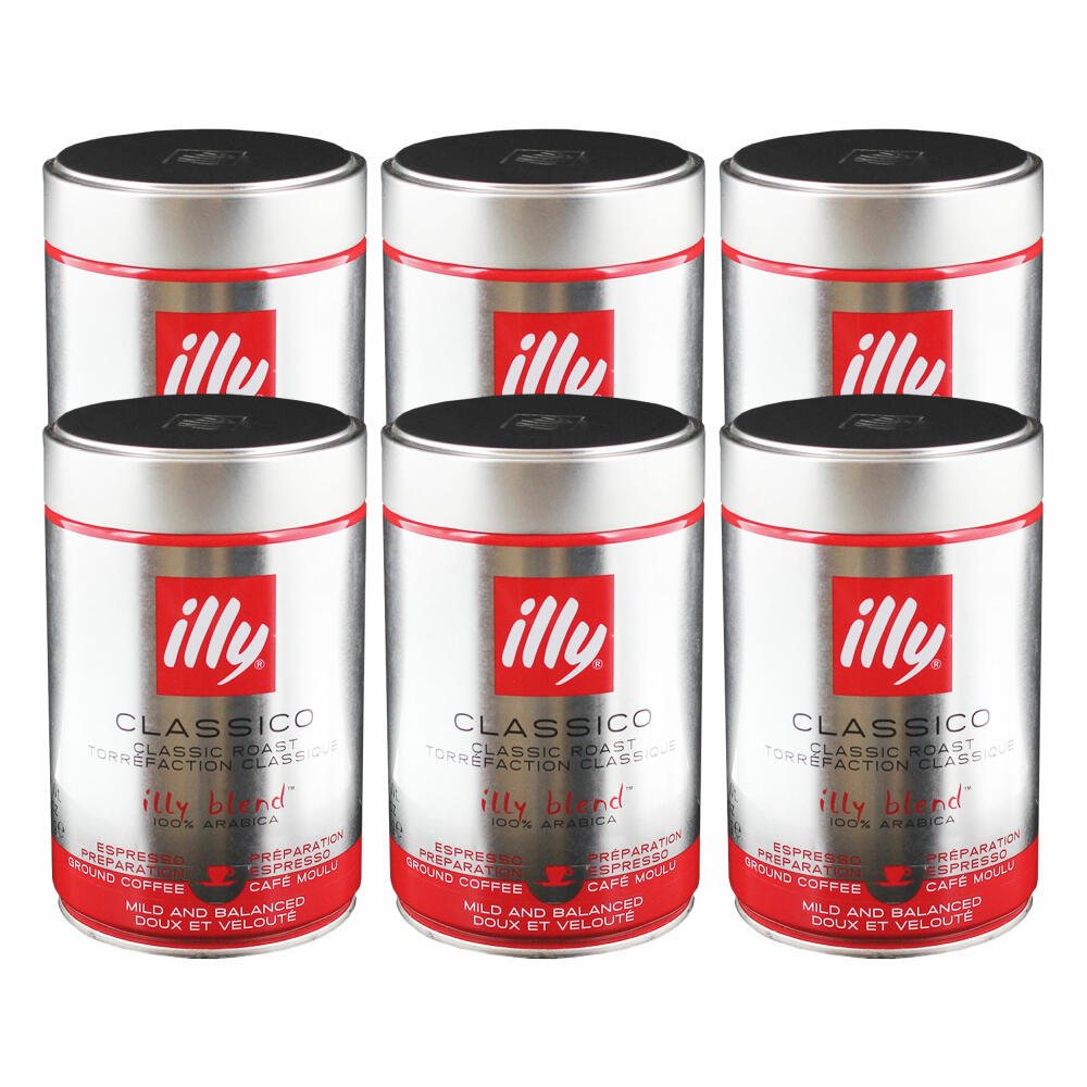 Illy Espresso, 100% Arabica Kaffee, gemahlen, mittlerer Röstgrad, Dose, 6er Pack, 6 x 250g