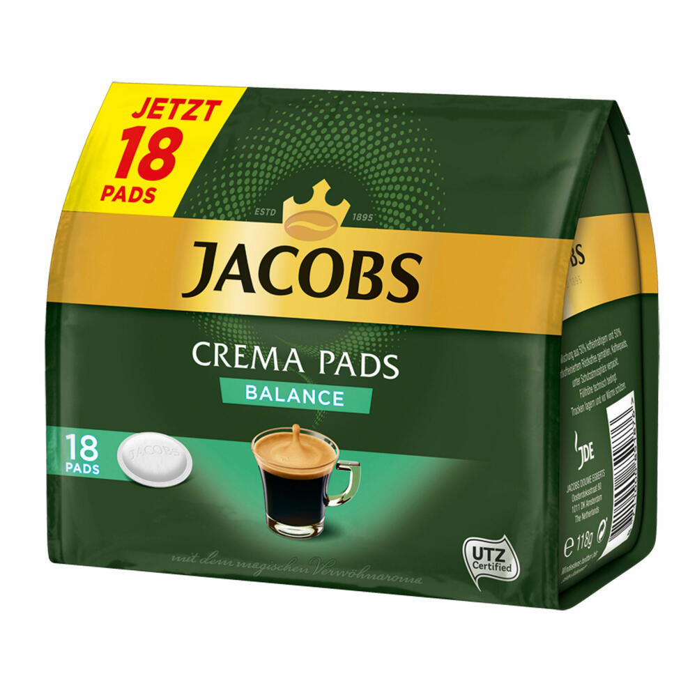 Jacobs Kaffeepads Crema Pads, Balance, Samtiger & Weicher Geschmack, Kaffee, 18 Pads