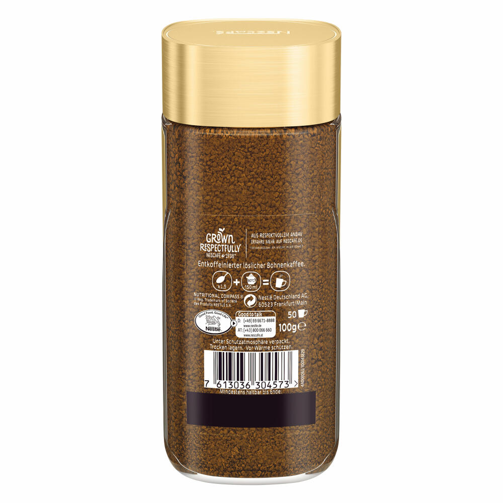 Nescafé Gold Entkoffeiniert, löslicher Bohnenkaffee, Kaffee, gemahlener Röstkaffee, Glas, 100 g