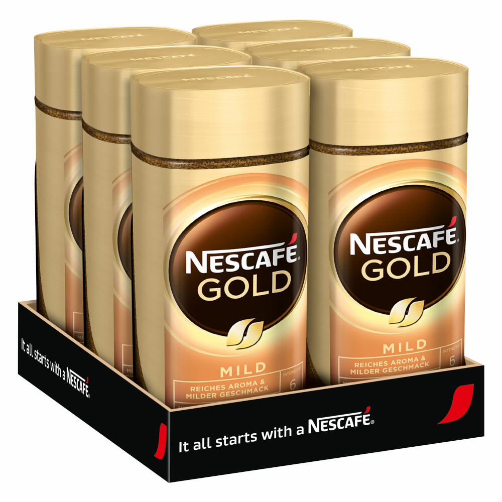 Nescafé Gold Mild, löslicher Bohnenkaffee, Kaffee, gemahlener Röstkaffee, Glas, 6 x 100 g