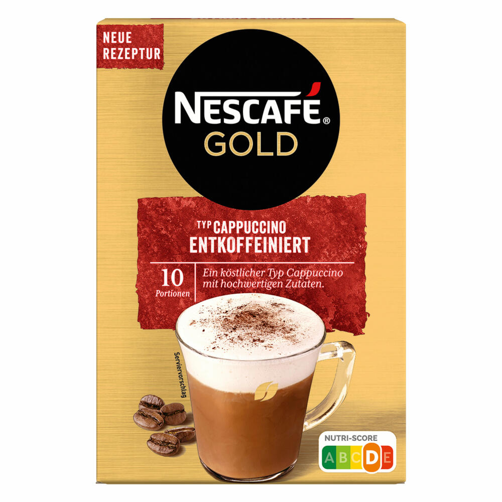 Nescafé Gold Typ Cappuccino Entkoffeiniert, Löslicher Bohnenkaffee, Instantkaffee, Instant Kaffee, 2 x 10 Portionen