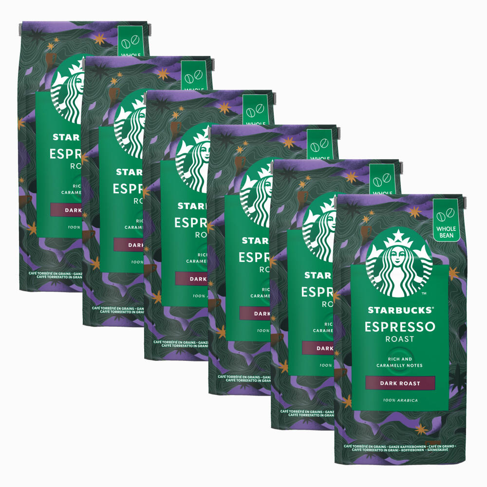 Starbucks Espresso Roast Kaffee, 6er Set, Dark Roast, Röstkaffee, Vollmundig, Ganze Bohnen, 6 x 200 g