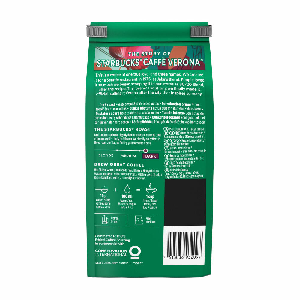 Starbucks Caffè Verona Kaffee, Dark Roast, Röstkaffee, Röstig Süß, Gemahlen, 200 g