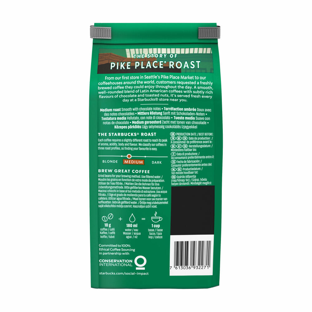 Starbucks Pike Place Kaffee, Medium Roast, Röstkaffee, Sanft, Schoko-Note, Ganze Bohnen, 200g