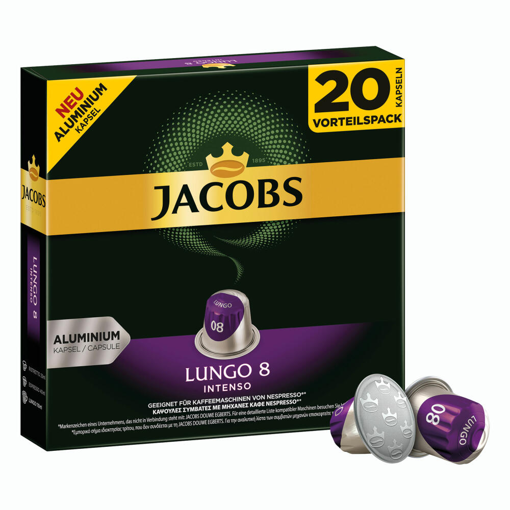 Jacobs Lungo 8 Intenso, coffee capsules, Nespresso compatible, coffee, 20 capsules, 5.2 g each