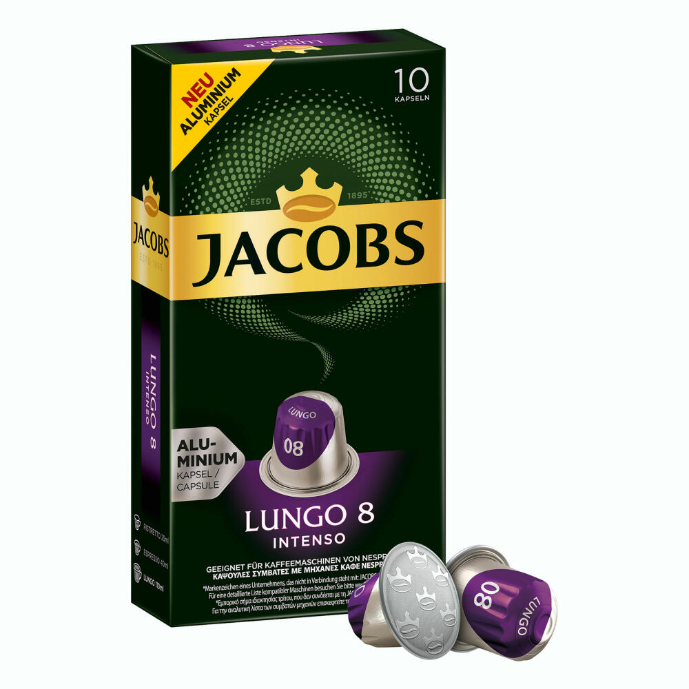 Jacobs Lungo 8 Intenso, coffee capsules, Nespresso compatible, coffee, 10 capsules, 5.2 g each