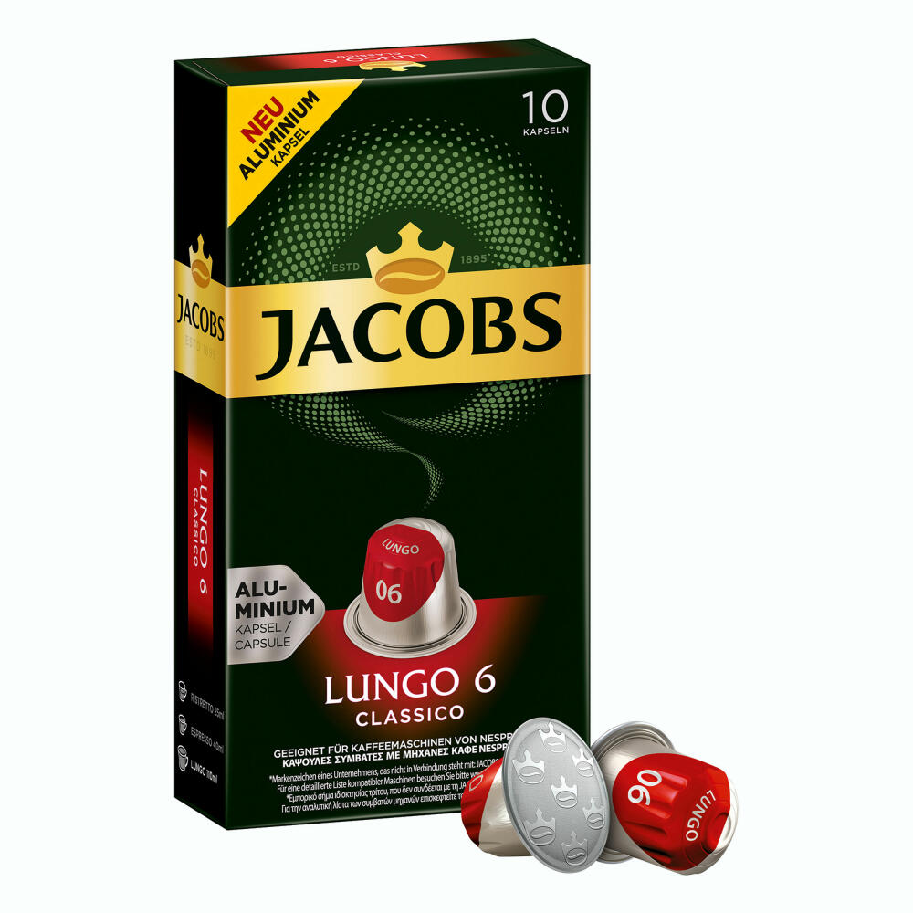 Jacobs Lungo 6 Classico, coffee capsules, Nespresso compatible, coffee, 10 capsules, á 5.2 g