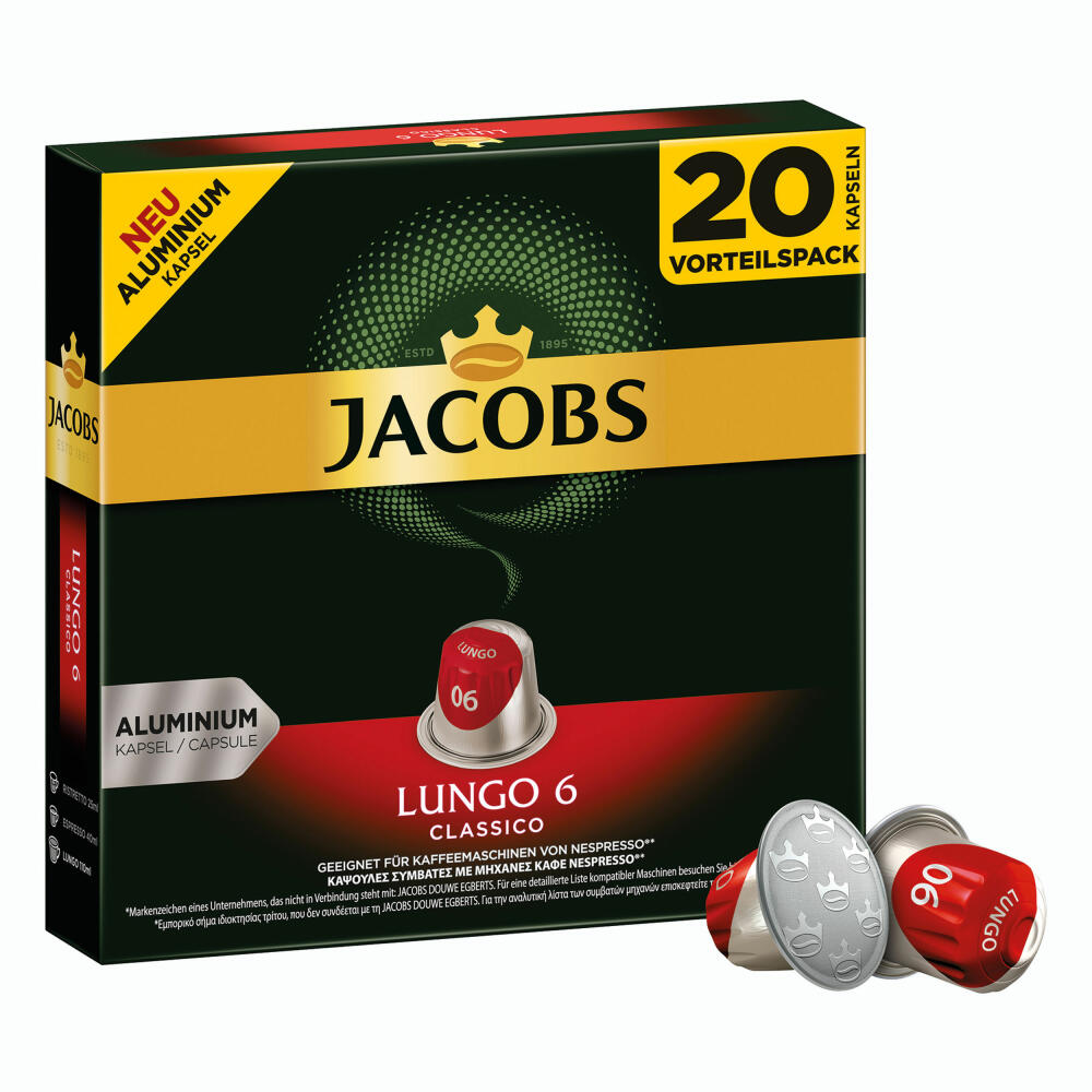 Jacobs Lungo 6 Classico, Kaffeekapseln, Nespresso Kompatibel, Kaffee, 40 Kapseln, á 5.2 g