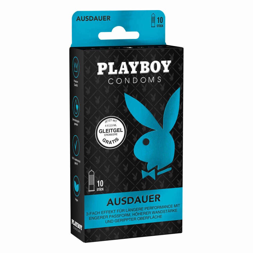 Playboy Condoms Kondome Ausdauer, Verhütungsmittel, 3-fach Effekt, mit Gleitgel gratis, 52 mm, 3 x 10 Stück