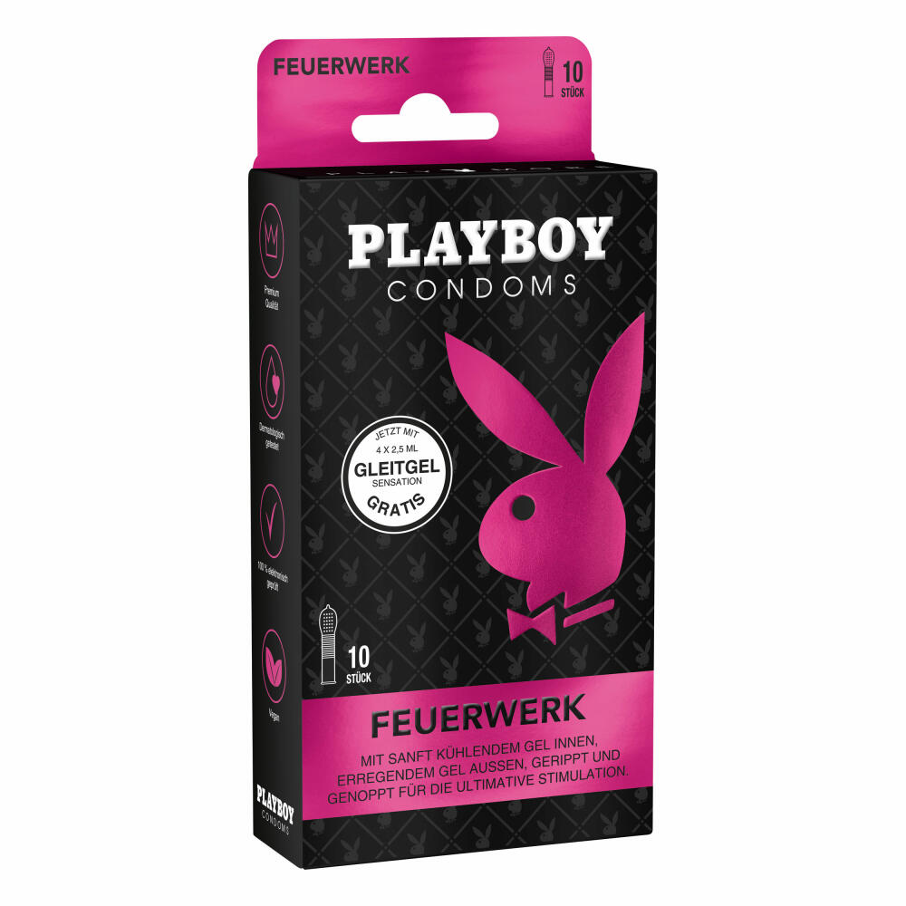Playboy Condoms Kondome Feuerwerk, Verhütungsmittel, Ultimative Stimulation, mit Gleitgel gratis, 54 mm, 2 x 10 Stück