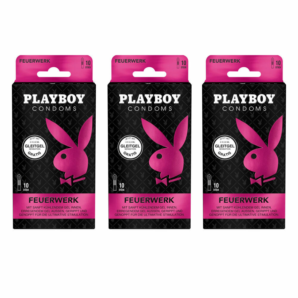 Playboy Condoms Kondome Feuerwerk, Verhütungsmittel, Ultimative Stimulation, mit Gleitgel gratis, 54 mm, 3 x 10 Stück