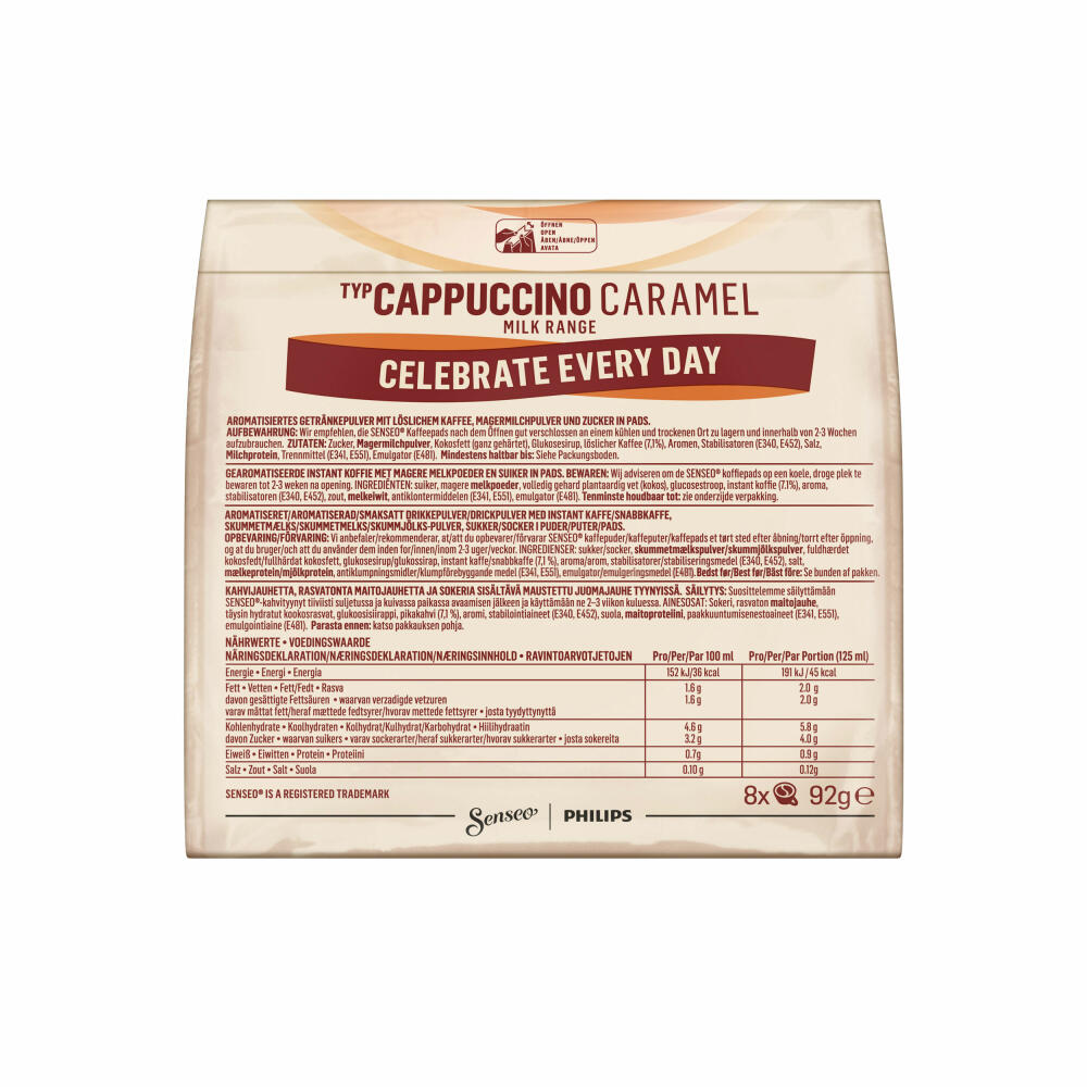 Senseo Kaffeepads Cappuccino Caramel / Karamell, Kaffee mit Karamellgeschmack, neue Rezeptur, 8 Pads