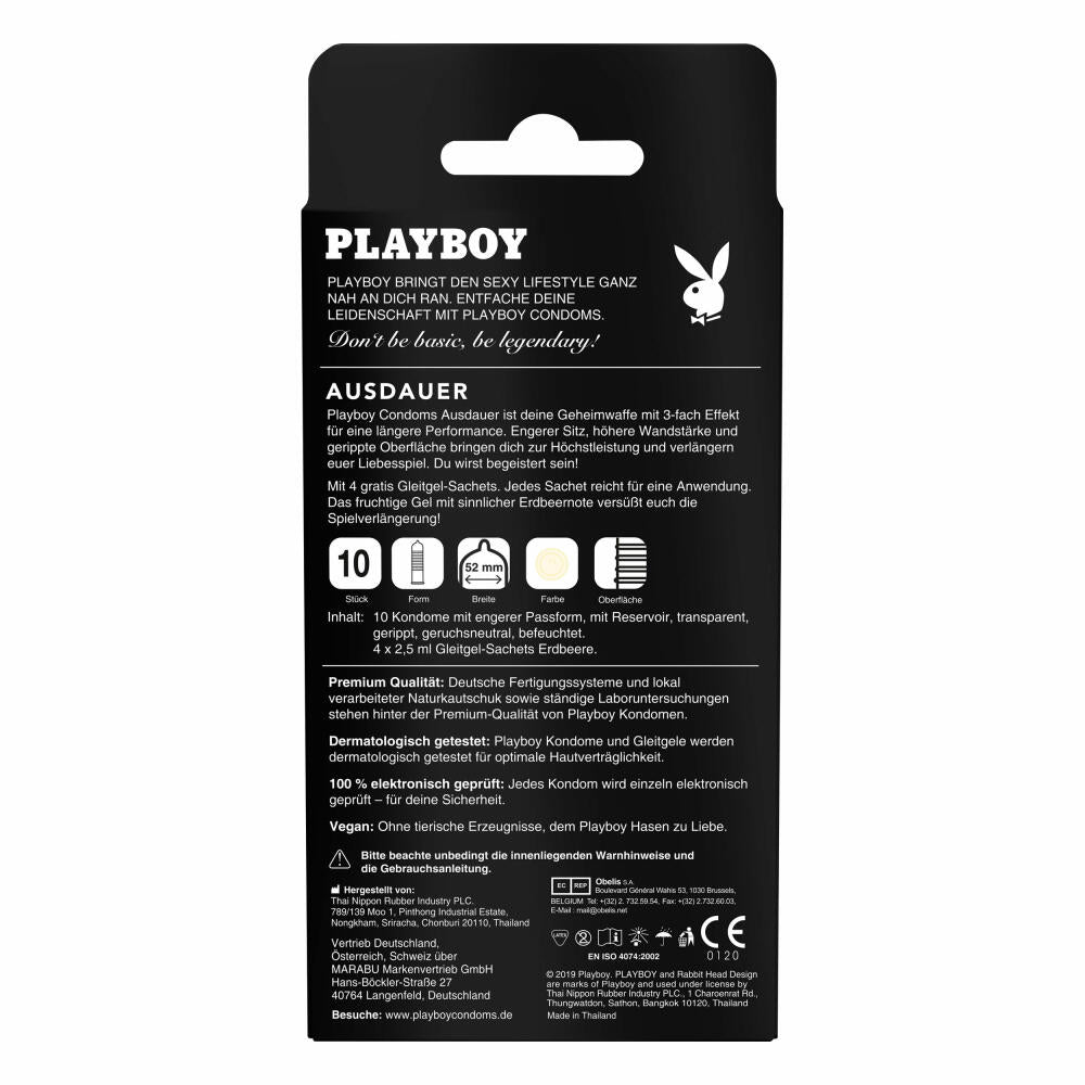 Playboy Condoms Kondome Ausdauer, Verhütungsmittel, 3-fach Effekt, mit Gleitgel gratis, 52 mm, 4 x 10 Stück