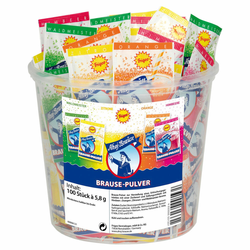 Ahoj-Brause, Brause Pulver Box, Waldmeister, Zitrone, Orange, Himbeere, 100 Tütchen, 580g