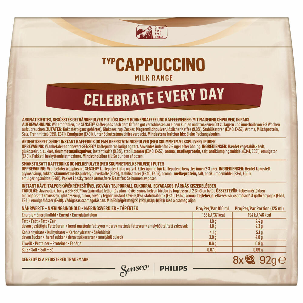 Senseo coffee pads cappuccino, milk foam classic, coffee, new recipe, 8 pads