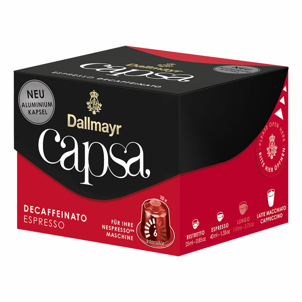 Dallmayr Capsa Espresso Decaffeinato, Nespresso Compatible Capsule, Coffee Capsule, Espresso Capsule, Roasted Coffee, 10 Capsules, 56 g