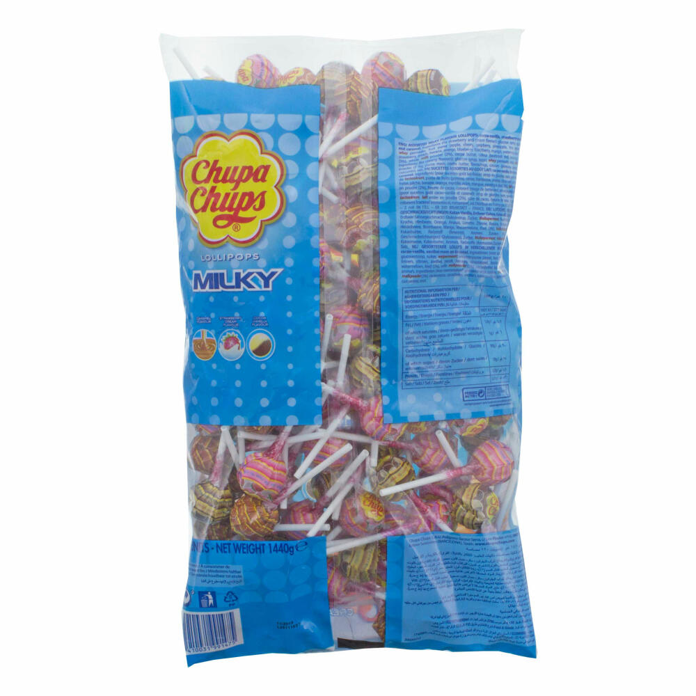 Chupa Chups Lollipops Milky, lollipops, caramel, cream-strawberry, coconut-vanilla, 120 pieces in a bag, 1.44 kg