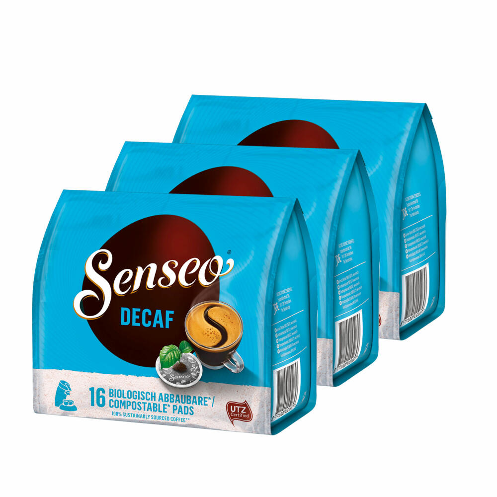 Senseo Kaffeepads Entkoffeiniert / Decaf, Reiches Aroma, Intensiv & Ausgewogen, Kaffee, neues Design, 3er Pack, 3 x 16 Pads