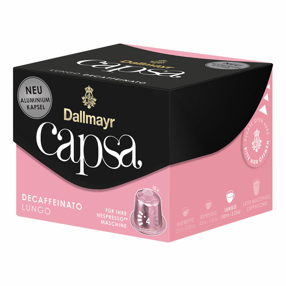 Dallmayr Capsa Lungo Decaffeinato, Nespresso compatible capsule, decaffeinated, coffee capsule, espresso capsule, 10 capsules, 56 g