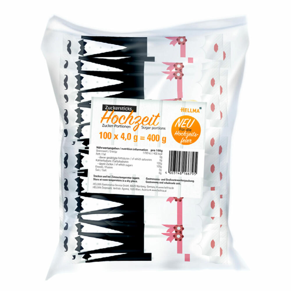 Hellma Sugar Sticks Wedding, Sugar, Portion Sugar, Fine Sugar, Sugar Bags, for Gastronomy, Hotel, Office, Canteen, 100 Pieces á 4 g