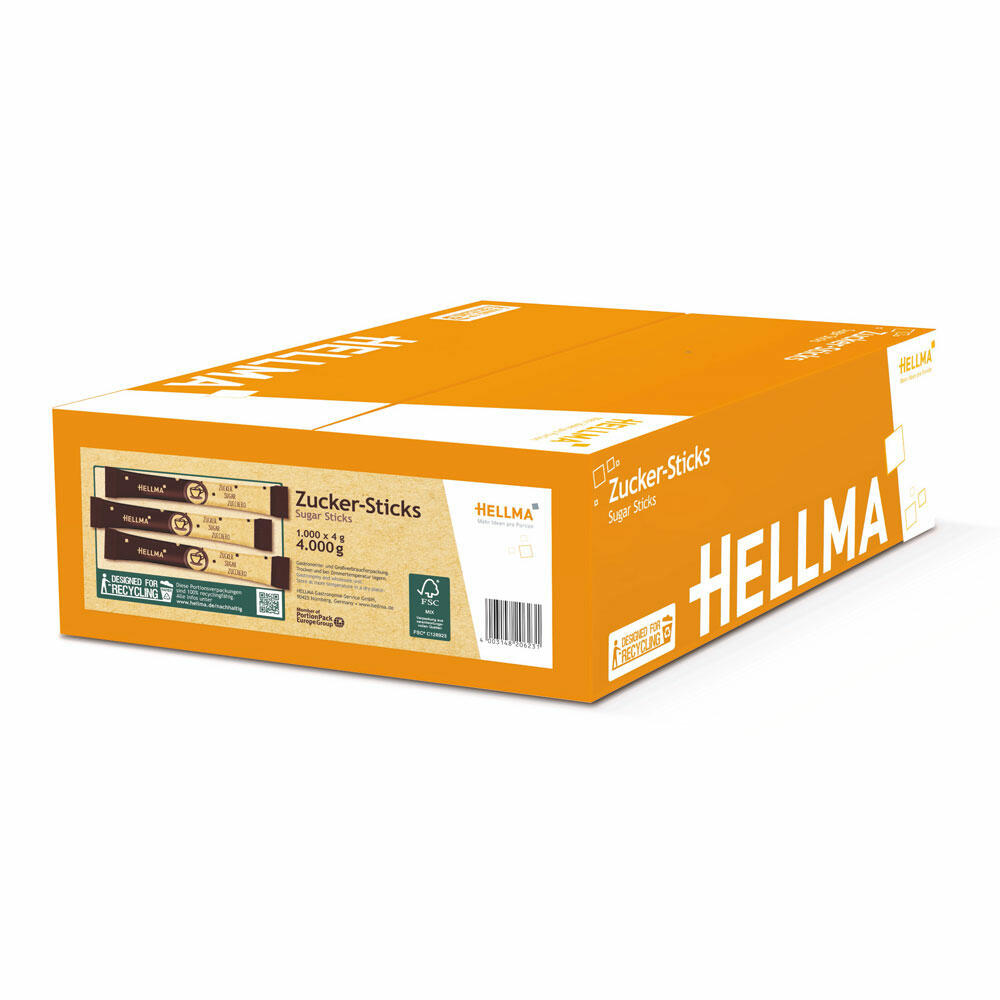 Hellma Zucker-Sticks in Nachhaltiger Verpackung, Zucker, Portionszucker, Feinzucker, Zuckertüten, für Gastro, Hotel, Büro, Kantine, 1000 Stück à 4 g