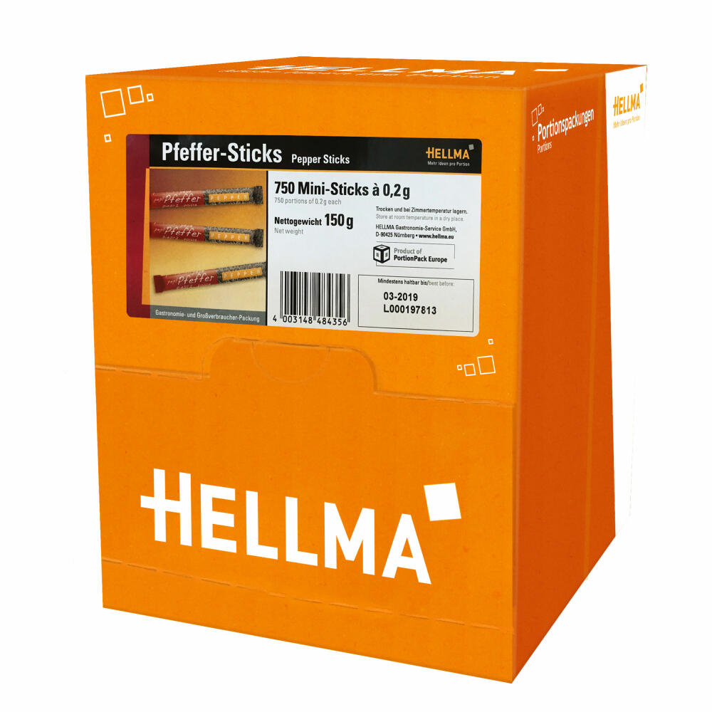 Hellma Pfeffersticks, Pfeffer Sticks, Pfefferpäckchen, Portionpfeffer, Speisepfeffer, für Gastro, Hotel, Büro, Kantine, 750 Portionen