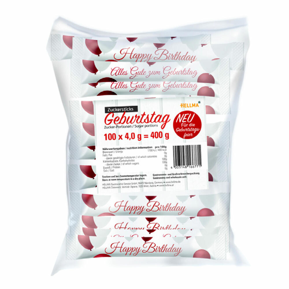 Hellma Zucker-Sticks Geburtstag, Zucker, Portionszucker, Feinzucker, Zuckertüten, für Gastro, Hotel, Büro, Kantine, 100 Stück á 4 g