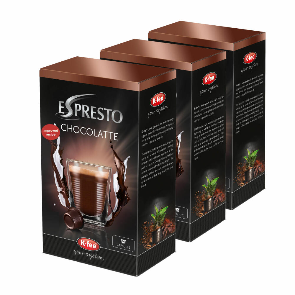 K-Fee Espresto Choco Latte 3er Set, Kapsel-Trinkschokolade für K-Fee System, Kakao, 3 x 16 Kapseln