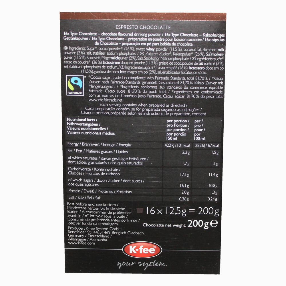 K-Fee Espresto Chocolatte, Trinkschokolade Fairtrade, Kakao, 6er Pack, 6 x 16 Kapseln