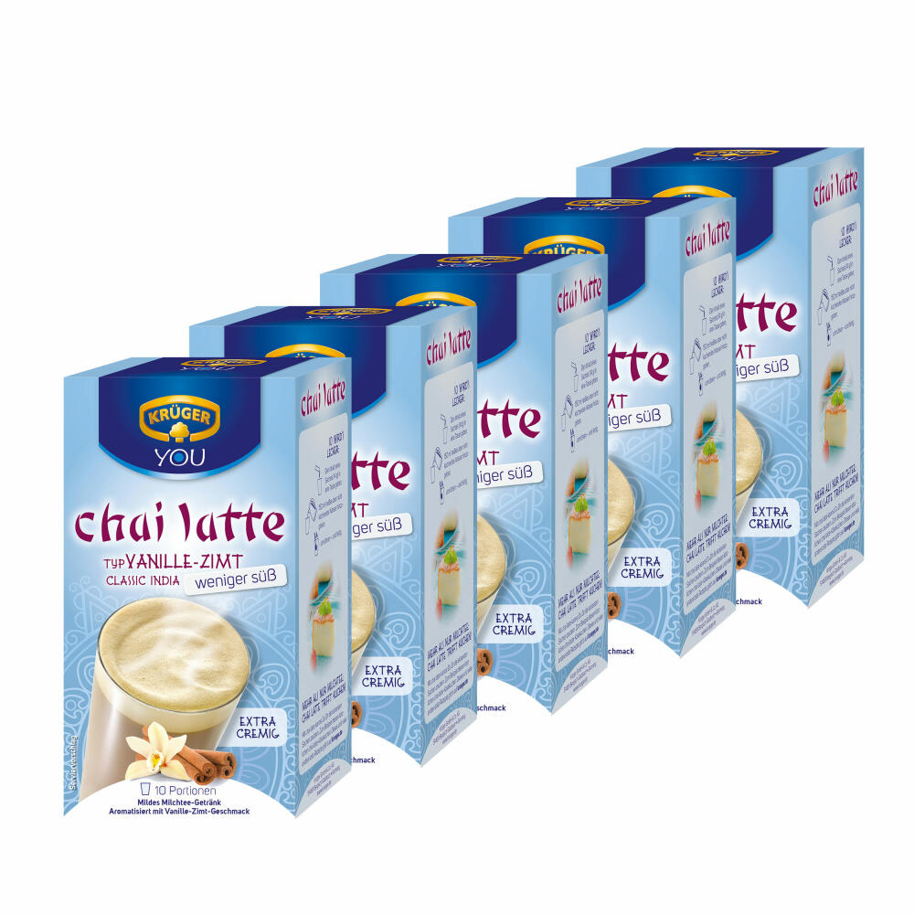 Krüger Chai Latte Classic India weniger süß, Vanille-Zimt, mildes Milchtee Getränk, 5er Pack, 5 x 10 Portionsbeutel