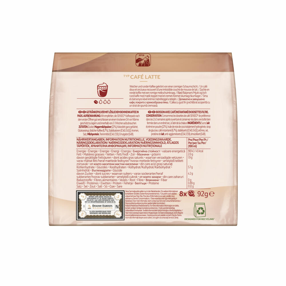 Senseo Kaffeepads Café Latte, Aromatischer Kaffee mit Cremig-milchigem Geschmack, neue Rezeptur, 8 Pads