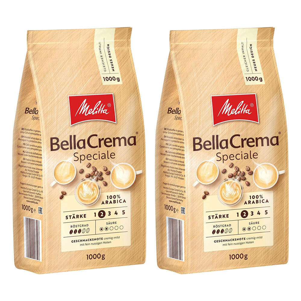 Melitta Kaffee BellaCrema Speciale ganze Bohne, milde Kaffeebohnen, 2er Pack, 2 x 1000g