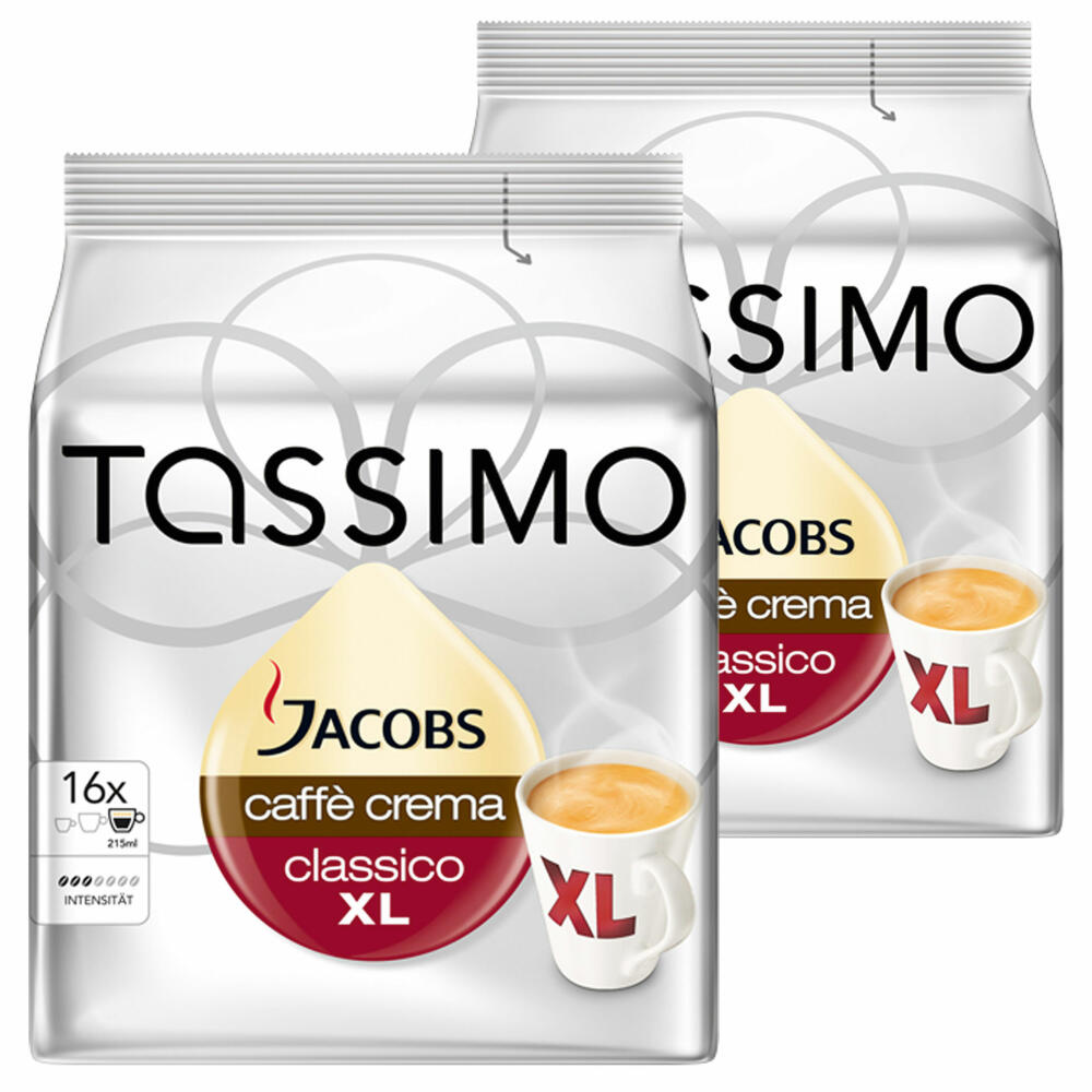 Tassimo Jacobs Caffè Crema Classico XL, coffee, coffee capsule, ground roasted coffee, pack of 2, 2 x 16 T-Discs