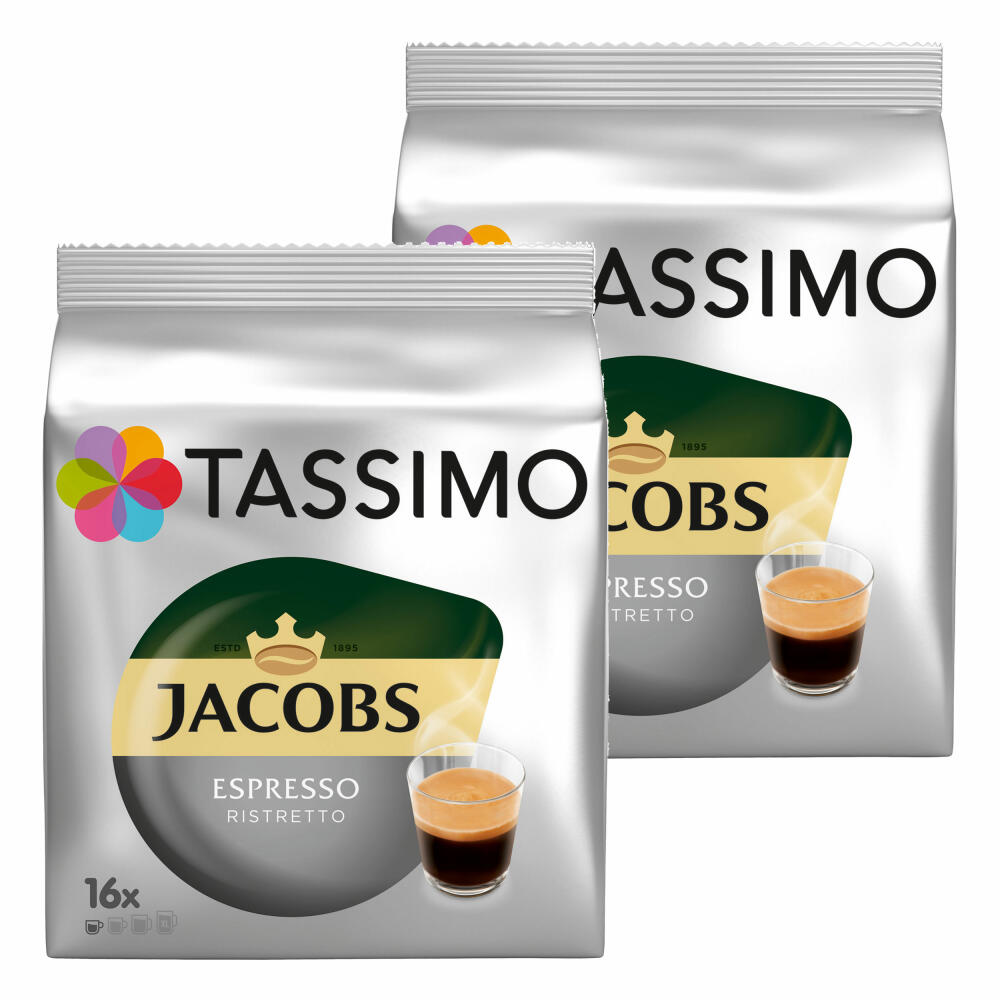Tassimo Jacobs Espresso Ristretto, coffee, coffee capsule, ground roasted coffee, pack of 2, 2 x 16 T-Discs
