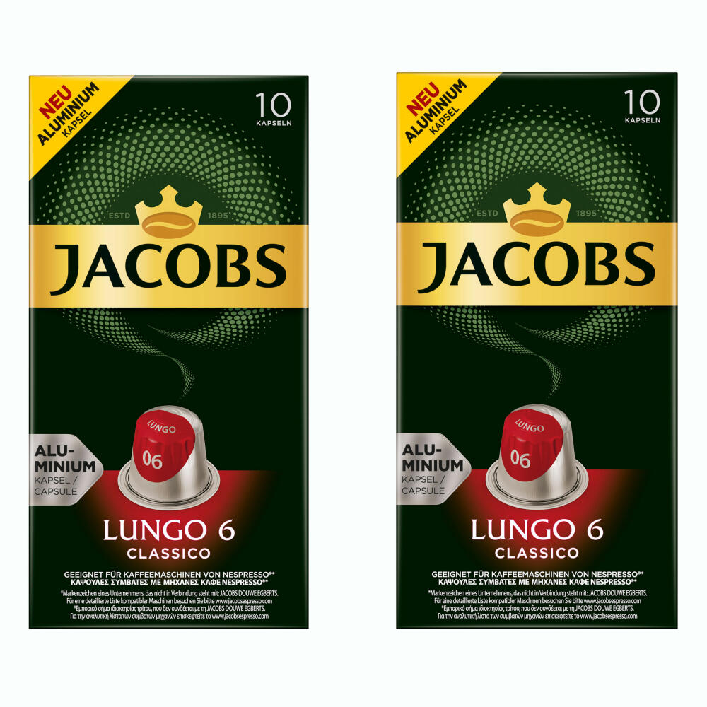 Jacobs Lungo 6 Classico, coffee capsules, Nespresso compatible, coffee, 20 capsules, 5.2 g each