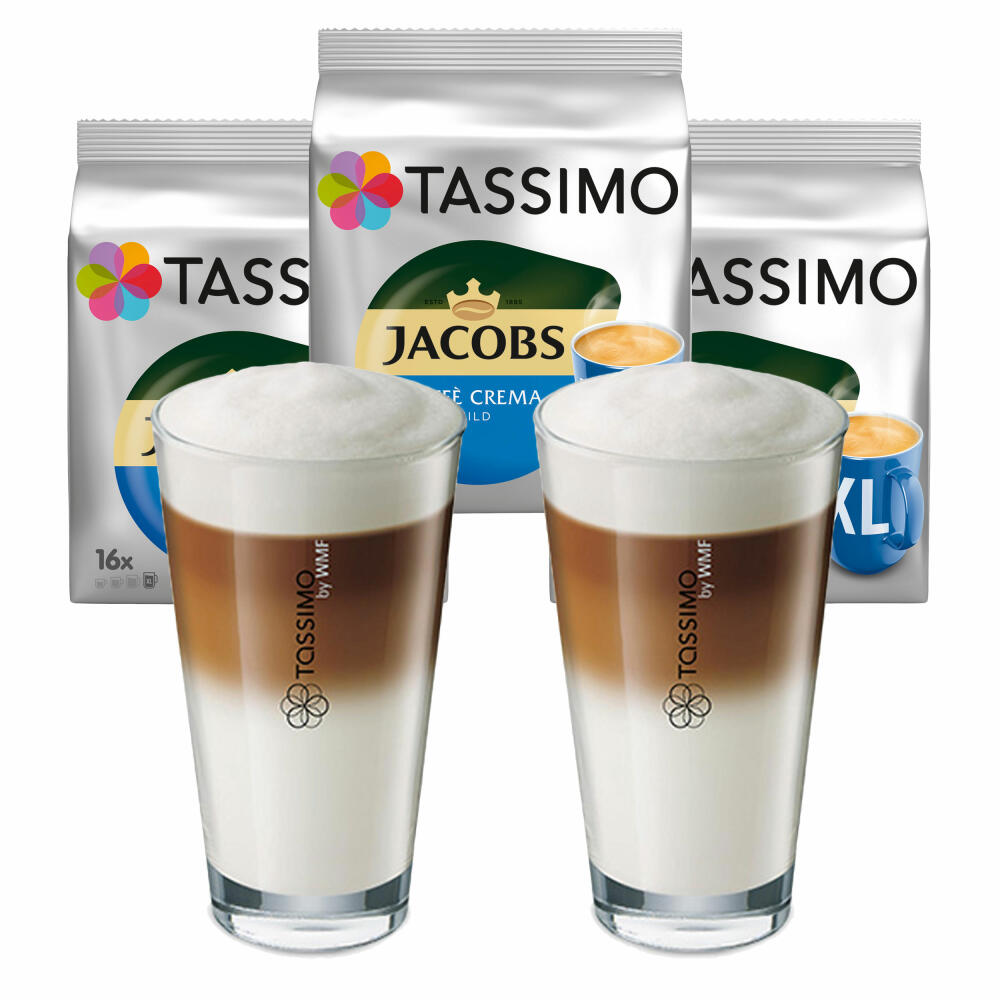 Tassimo Jacobs Caffè Crema mild XL gift set with glass, 5 pcs., coffee capsule, coffee capsule, ground roasted coffee, T-Discs