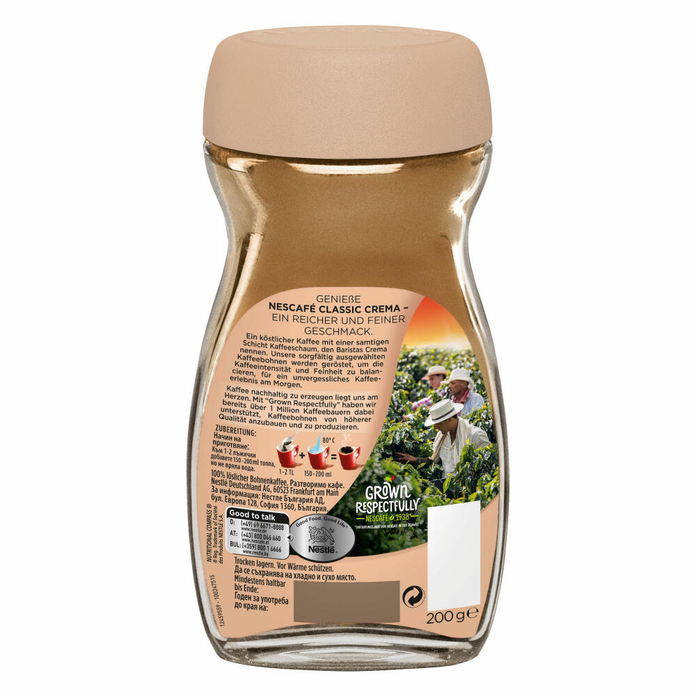 Nescafé Classic Crema, löslicher Bohnenkaffee, Kaffee, Glas, 200 g, für 100 Tassen