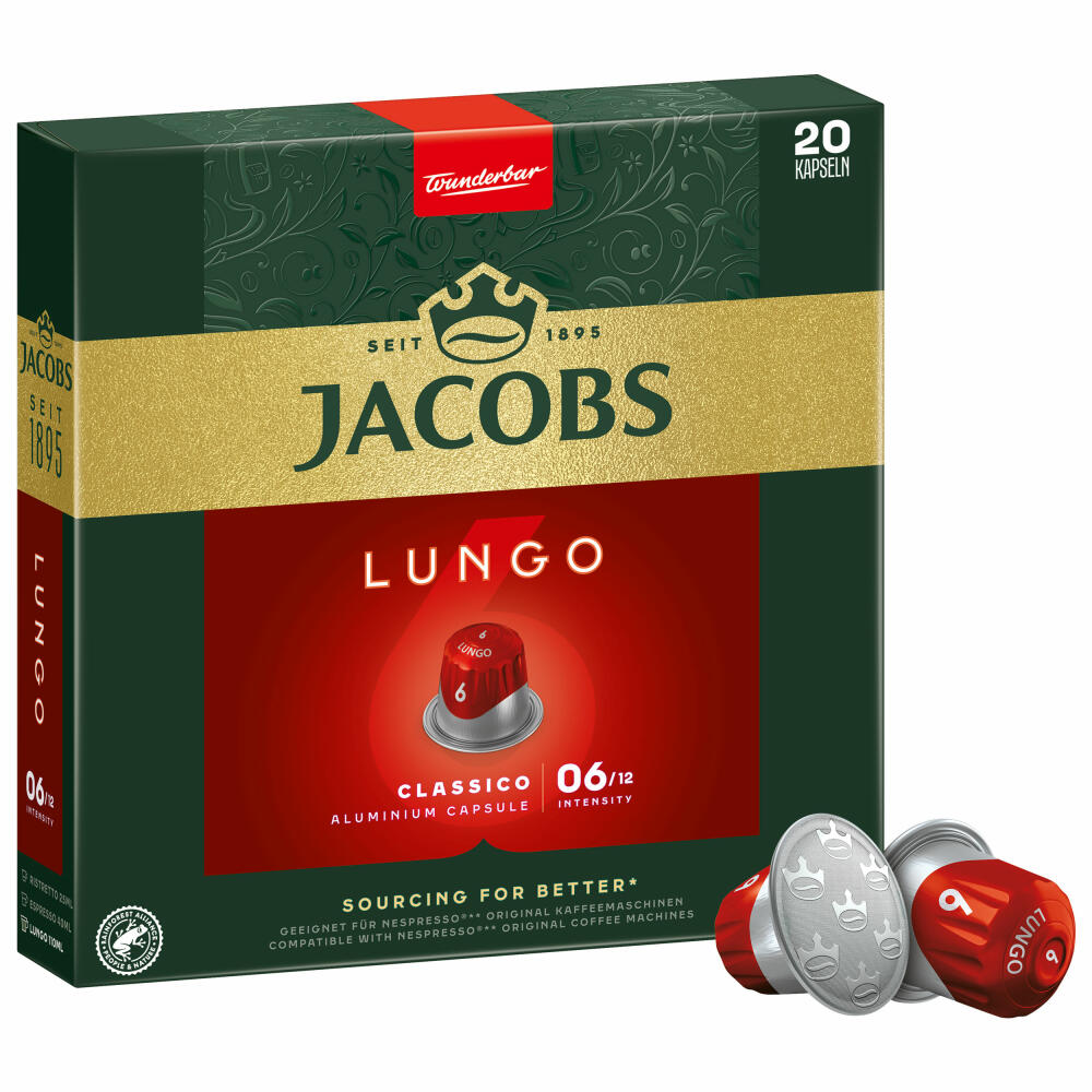 Jacobs Lungo 6 Classico, coffee capsules, Nespresso compatible, coffee, 20 capsules, 5.2 g each