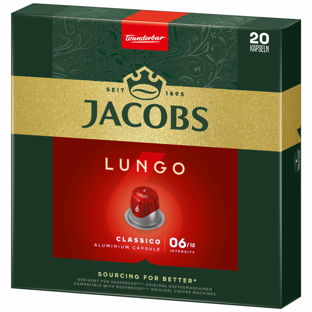 Jacobs Lungo 6 Classico, coffee capsules, Nespresso compatible, coffee, 20 capsules, 5.2 g each