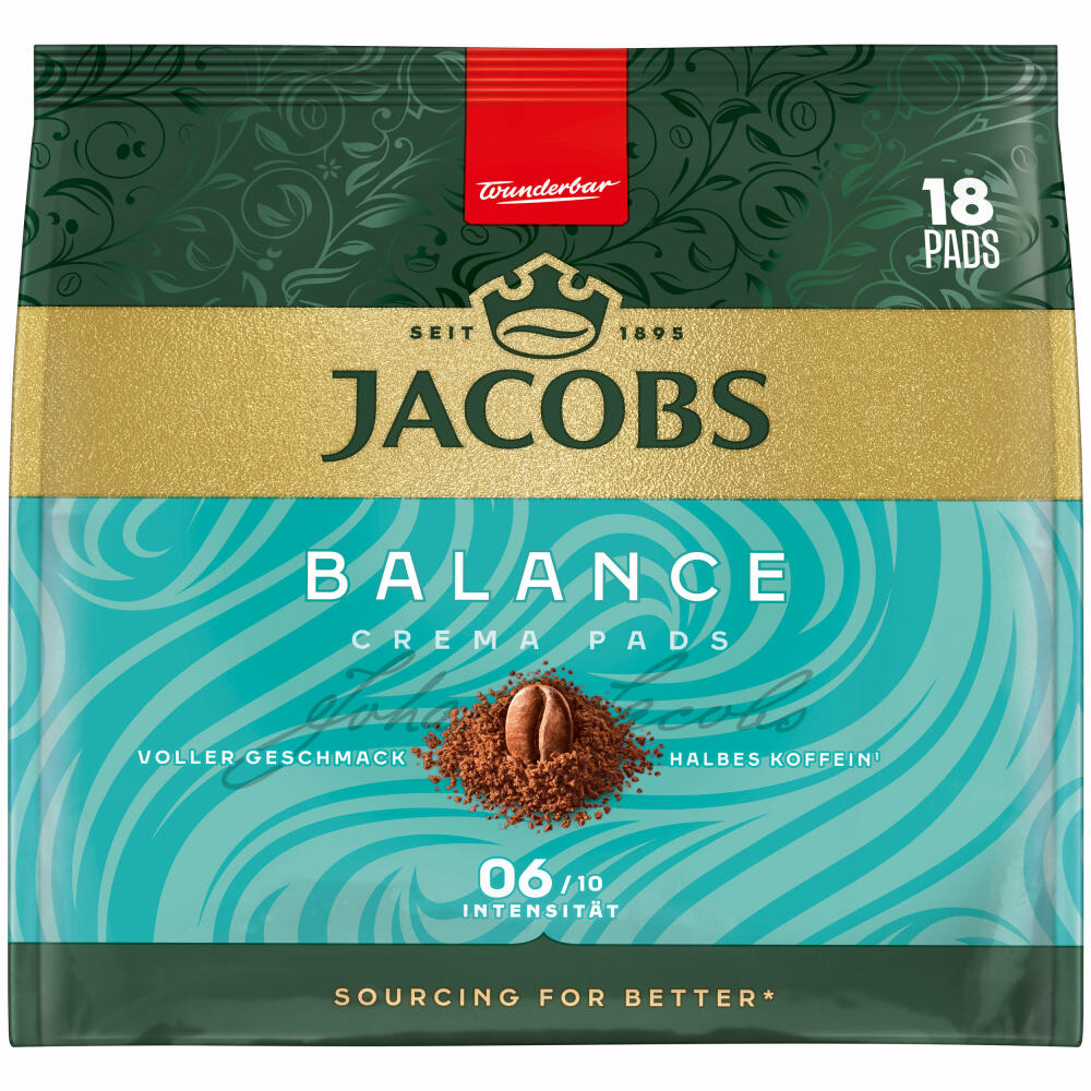 Jacobs Kaffeepads Crema Pads, Balance, Samtiger & Weicher Geschmack, Kaffee, 18 Pads