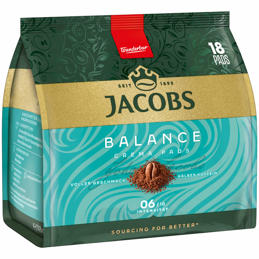 Jacobs Kaffeepads Crema Pads, Balance, Samtiger & Weicher Geschmack, Kaffee, 18 Pads