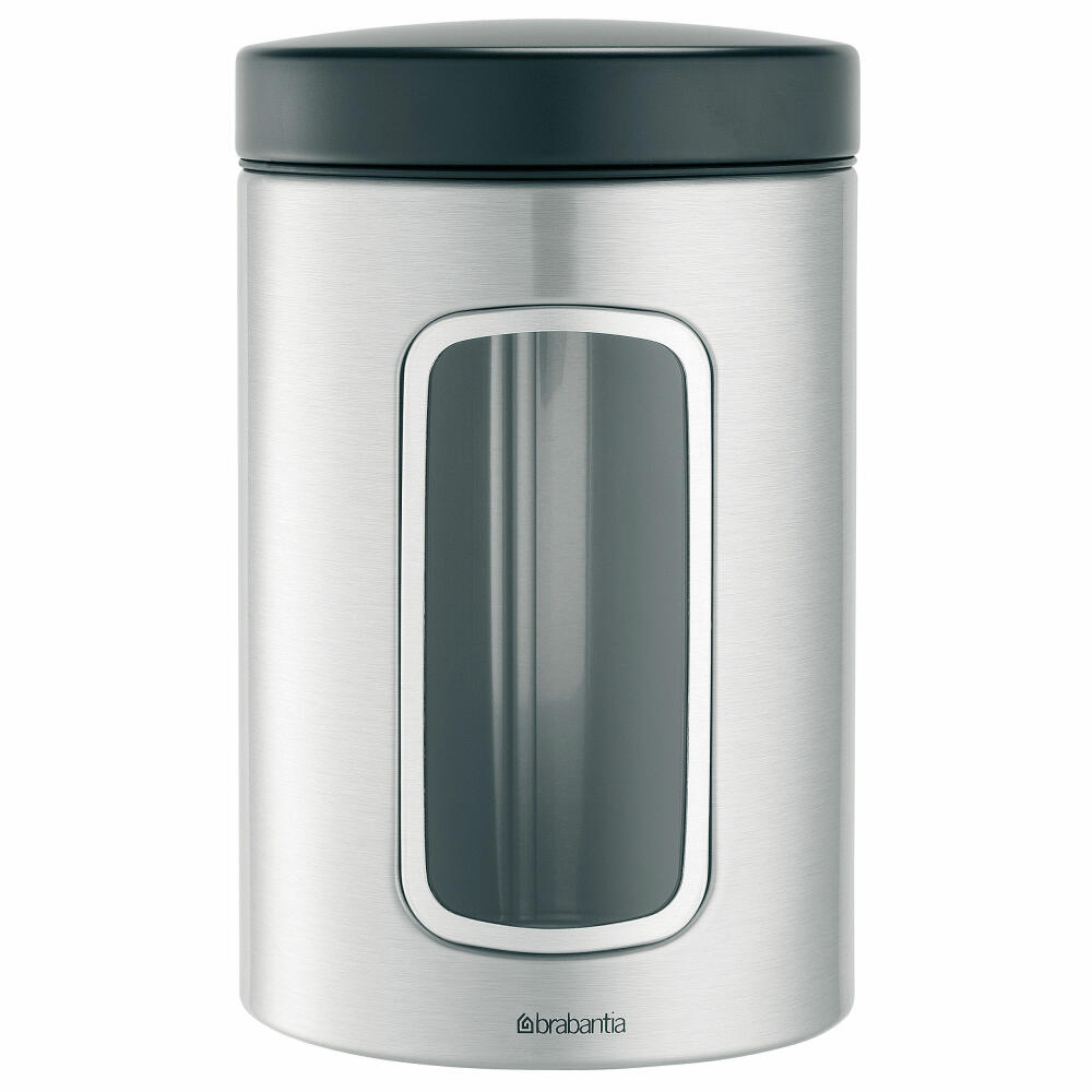 Brabantia Runde Fensterdose, Vorratsdose, Dose, Frischhaltedose in Matt Edelstahl Fingerprint Proof mit Fenster, Deckel in Matt Schwarz, 1.4 Liter, 299247