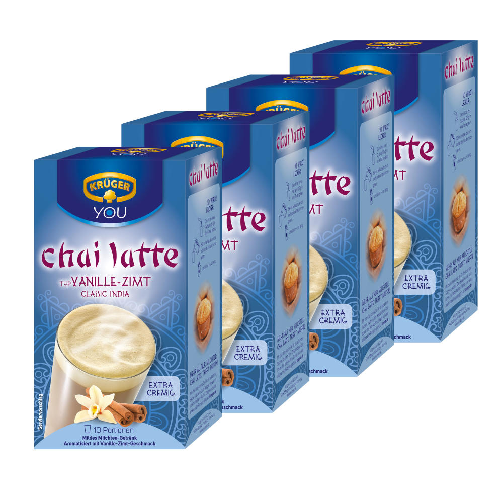 Krüger Chai Latte Classic India, Vanille-Zimt, mildes Milchtee Getränk, 4er Pack, 4 x 10 Portionsbeutel