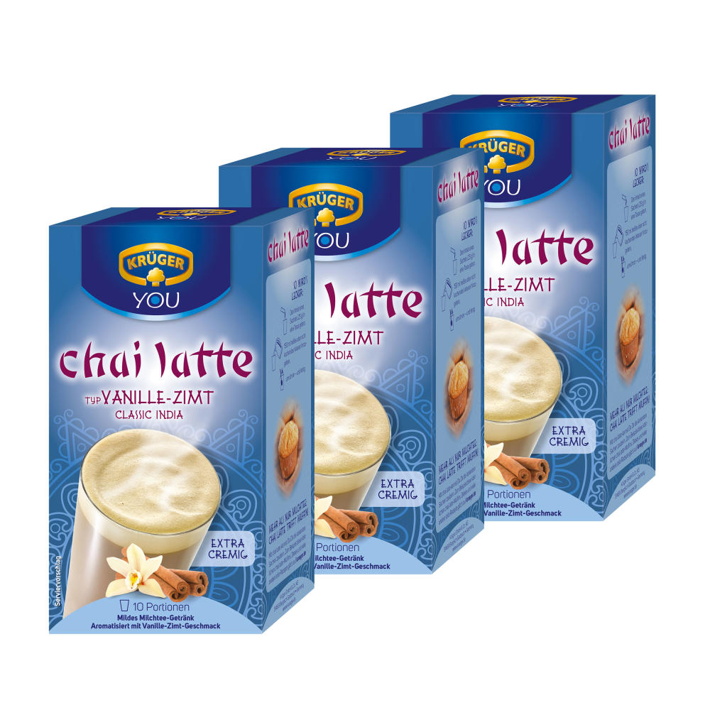 Krüger Chai Latte Classic India, Vanille-Zimt, mildes Milchtee Getränk, 3er Pack, 3 x 10 Portionsbeutel