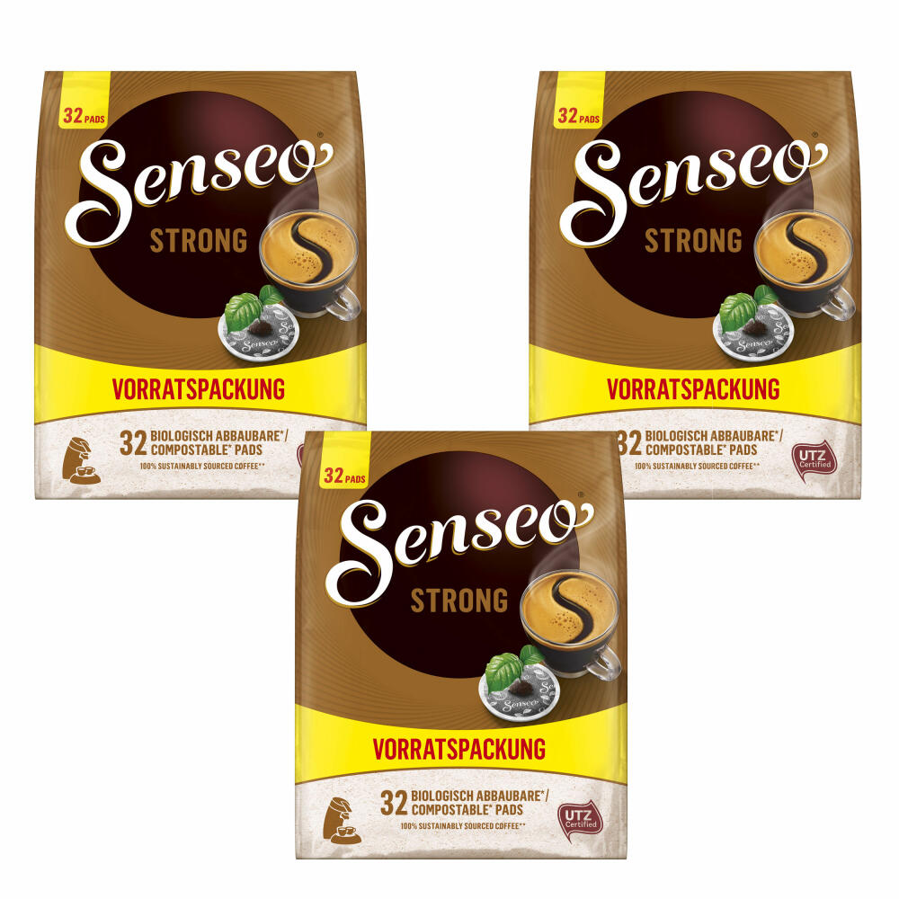 Senseo Kaffeepads Strong Vorratspackung 3er Set, Kräftig, gemahlener Röstkaffee, 3x32 Pads
