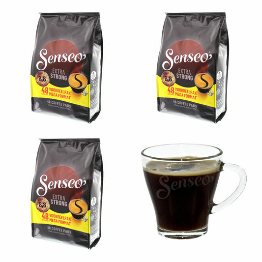 Senseo Kaffeepads Extra Strong / Extra Kräftig, Intensiver und Vollmundiger Geschmack, Kaffee für Kaffepadmaschinen, 144 Pads, mit Tasse