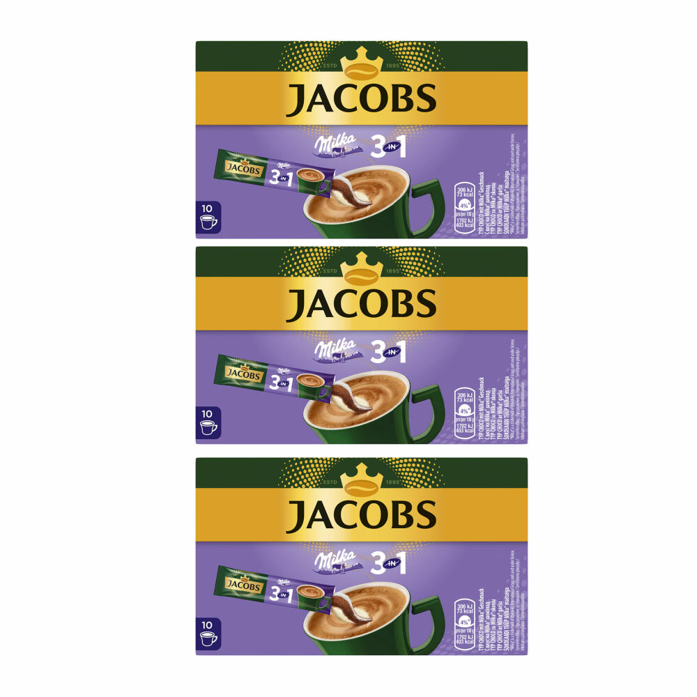 Jacobs 3in1 Milka 3er Set, Instant-Kaffee mit Kakao, löslicher Bohnenkaffee, 3x10 Sticks
