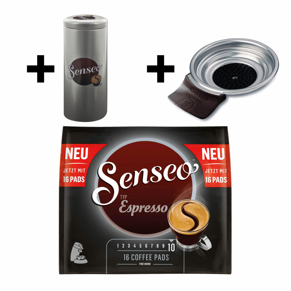 Senseo Typ Espresso Kaffeepads, Röstkaffee, Kaffee, 16 Pads, mit Padhalter und Paddose
