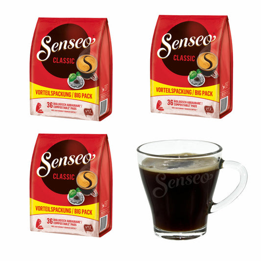 Senseo Kaffeepads Classic / Klassisch, Intensiver und Vollmundiger Geschmack, Kaffee für Kaffepadmaschinen, 108 Pads, mit Tasse